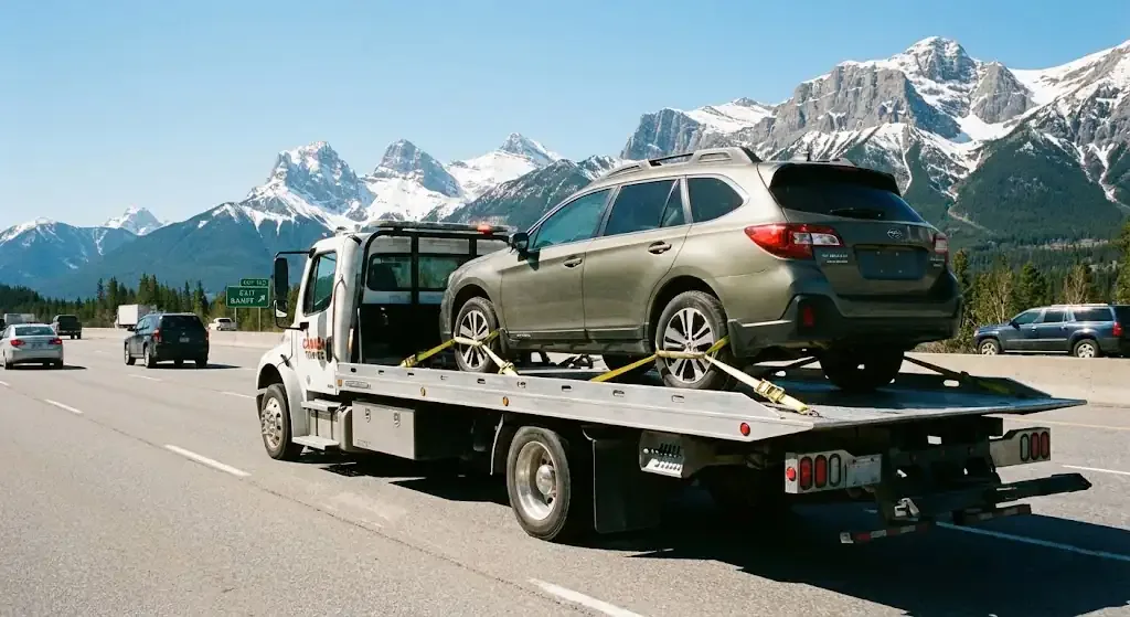 flatbed tow truck transporting a vehicle