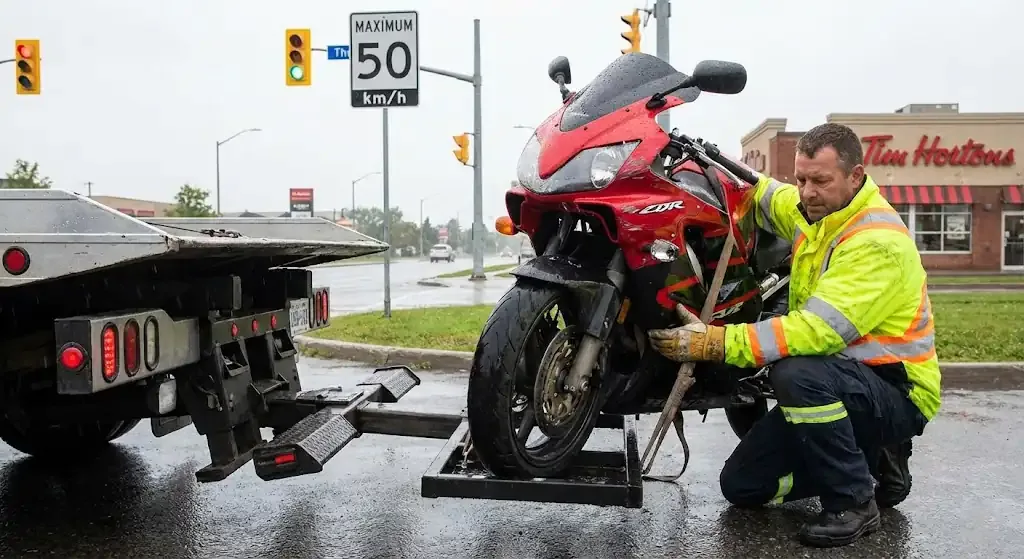 Orleans motorcycle being safely loaded for transport