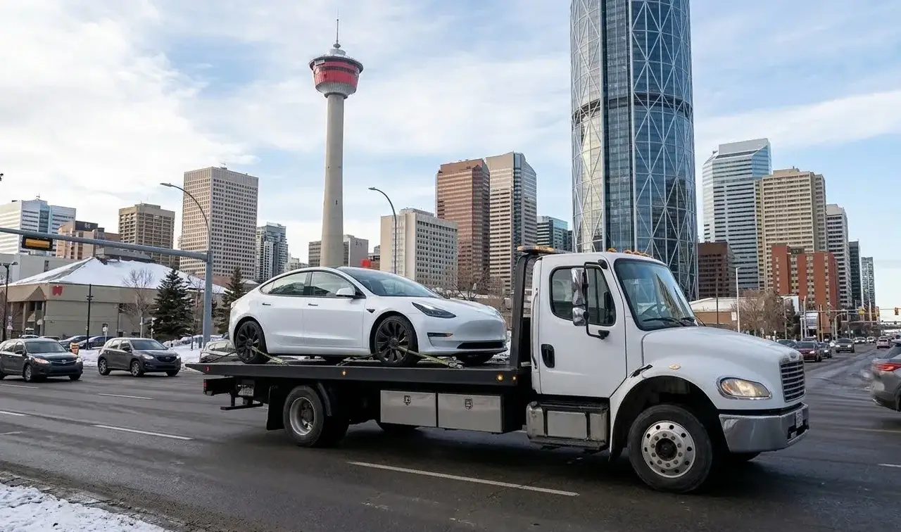 Orleans electric vehicle on flatbed transport