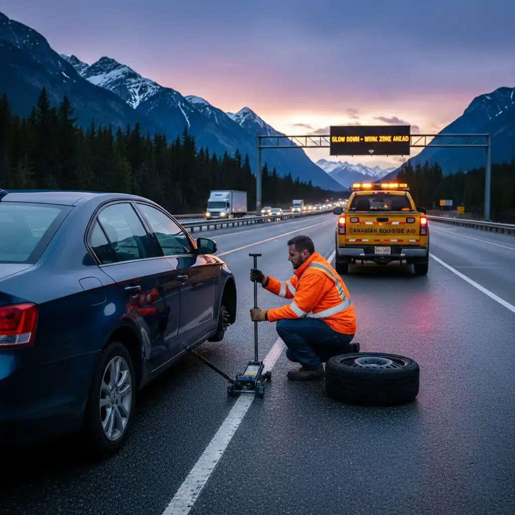 roadside tire change in progress