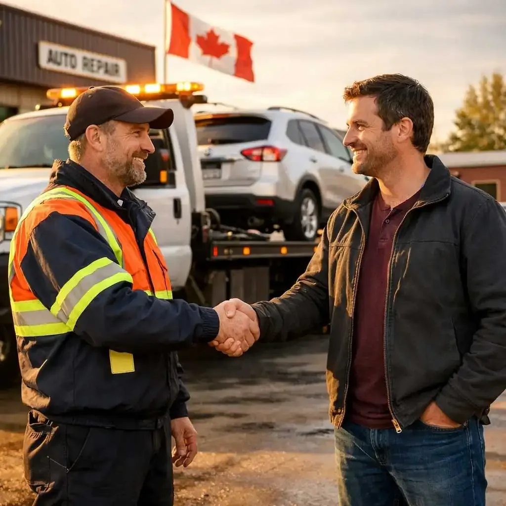tow truck operator shaking hands with a customer at an auto repair shop